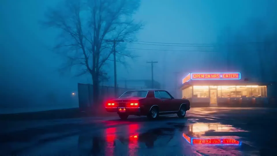 A car outside a diner on a foggy night