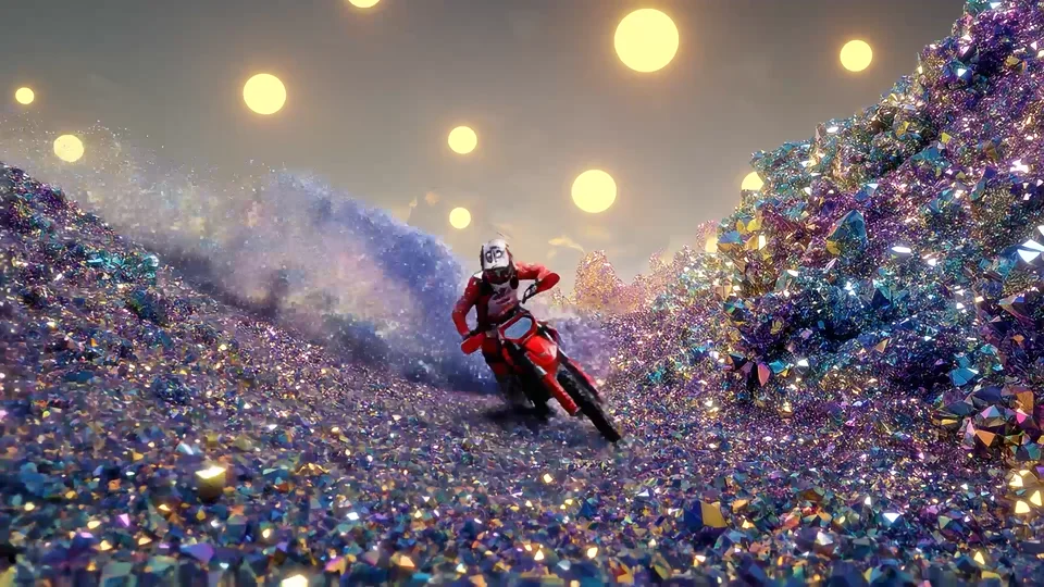 A motorbike racing through glittering waves