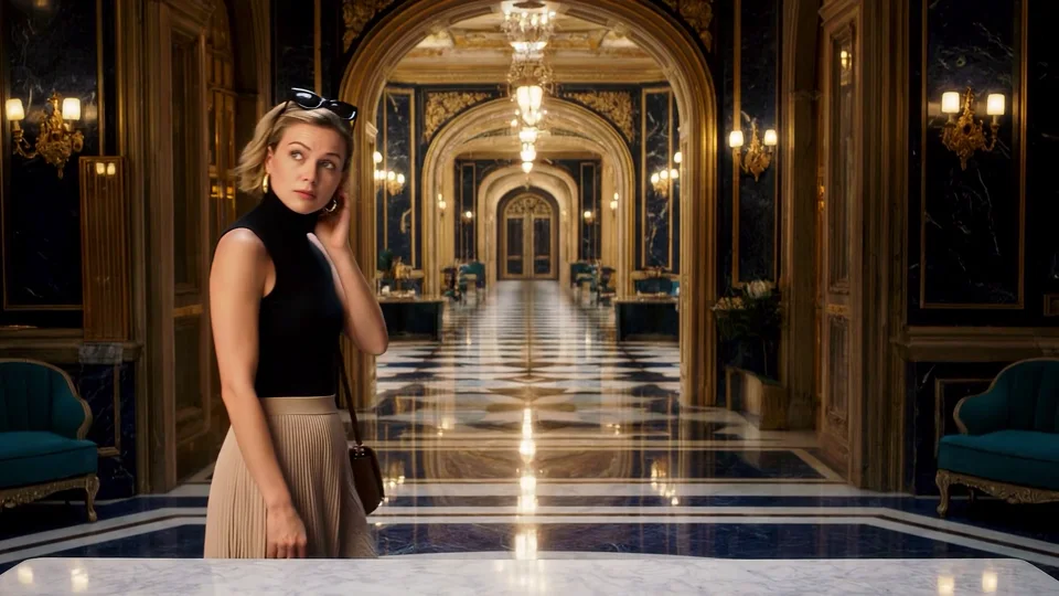 A woman in a grand hotel hallway