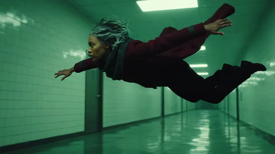 A figure flying down a green hallway