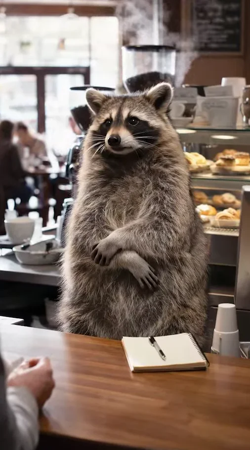 A raccoon running a coffee shop