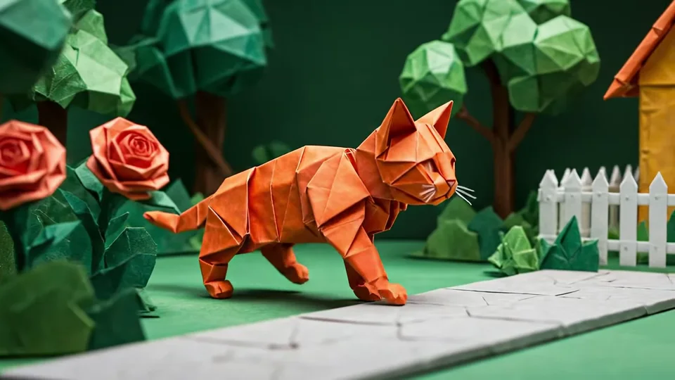 An origami cat on a paper street