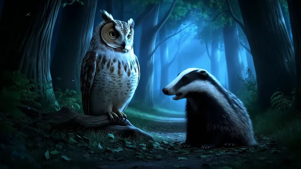 An owl and a badger in a moonlit forest