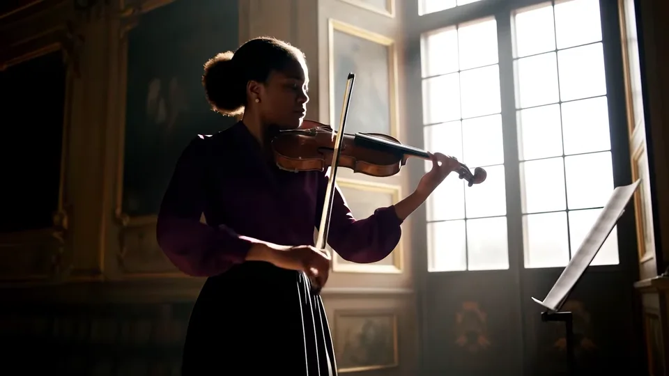 A violinist in a baroque hall