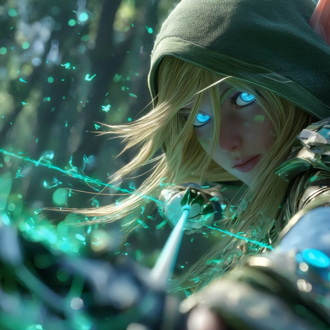 Elven archer in green armor with a drawn longbow